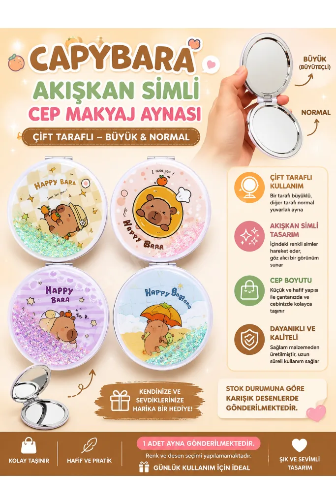 Capybara Tasarımlı Akışkan Simli Çift Taraflı Yuvarlak Cep Makyaj Aynası