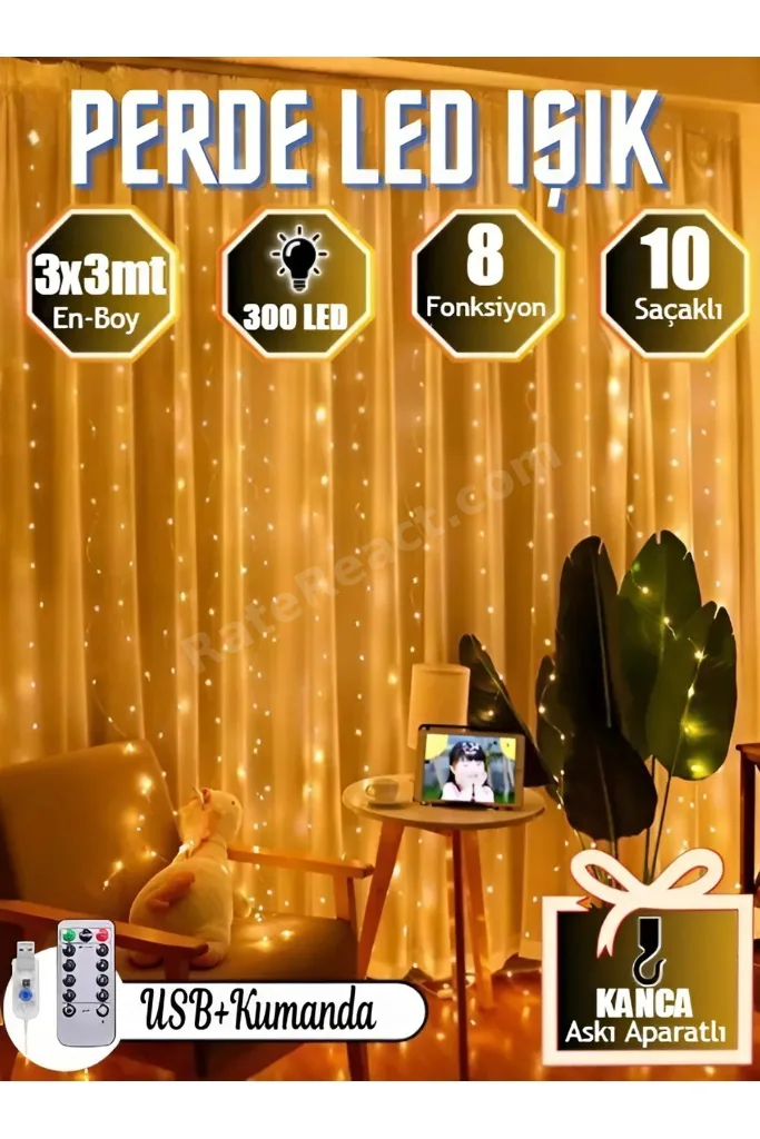 Perde Led 3x3 Kumandalı 8 Fonksiyonlu 300 Led 10 Sarkıtlı Yılbaşı Çam Ağacı Süsleme Usb Gece Lambası
