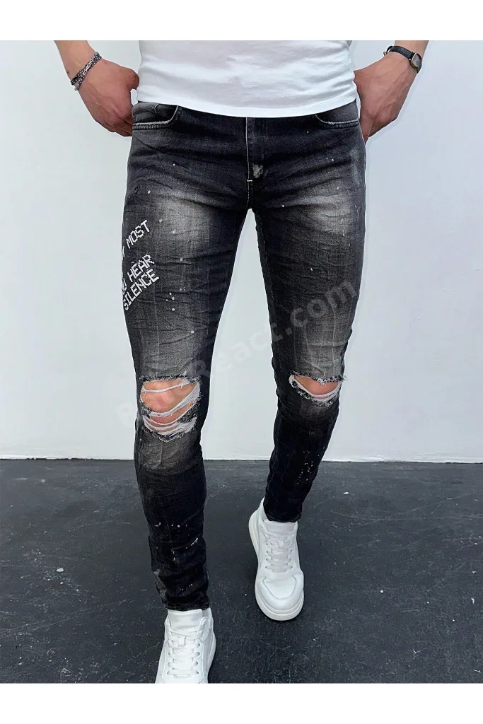 Erkek Füme Yazı Baskılı Yırtık Detay Slim Fit Skinny Jean Pantolon