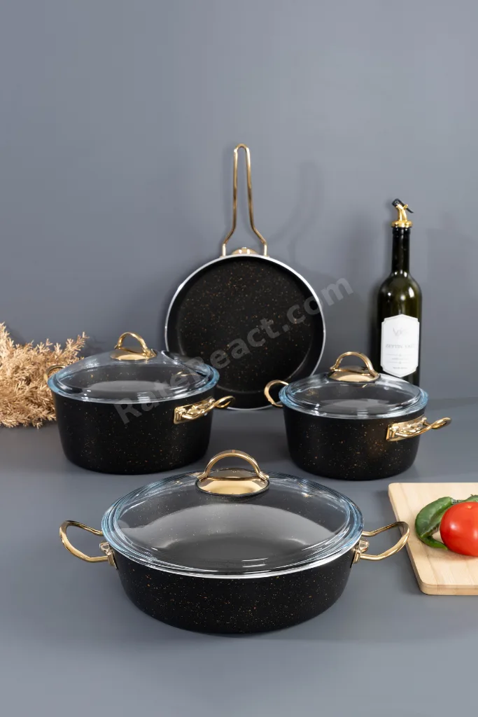 7 Parça Ewx Siyah Granit Tencere Seti – Metal Kulp, Yapışmaz Yüzeyli, Şık ve Dayanıklı Tasarım