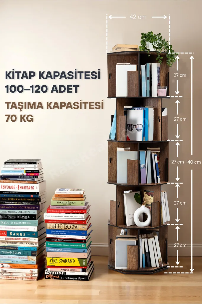 5 Katlı Döner Kitaplık | 360° Dönebilen, 100 Kitap Kapasiteli, Ceviz Renk