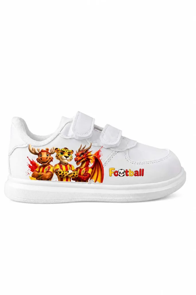 kırmızı sarı ejderha futbolcu baskılı beyaz bantlı çocuk spor ayakkabı sneaker