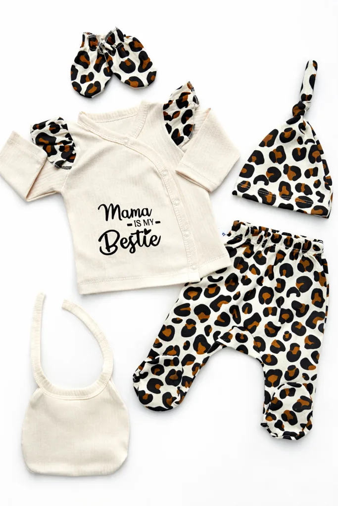 Leopard Pattern Krem 5’li Yenidoğan Kız Bebek Hastane Çıkışı Seti