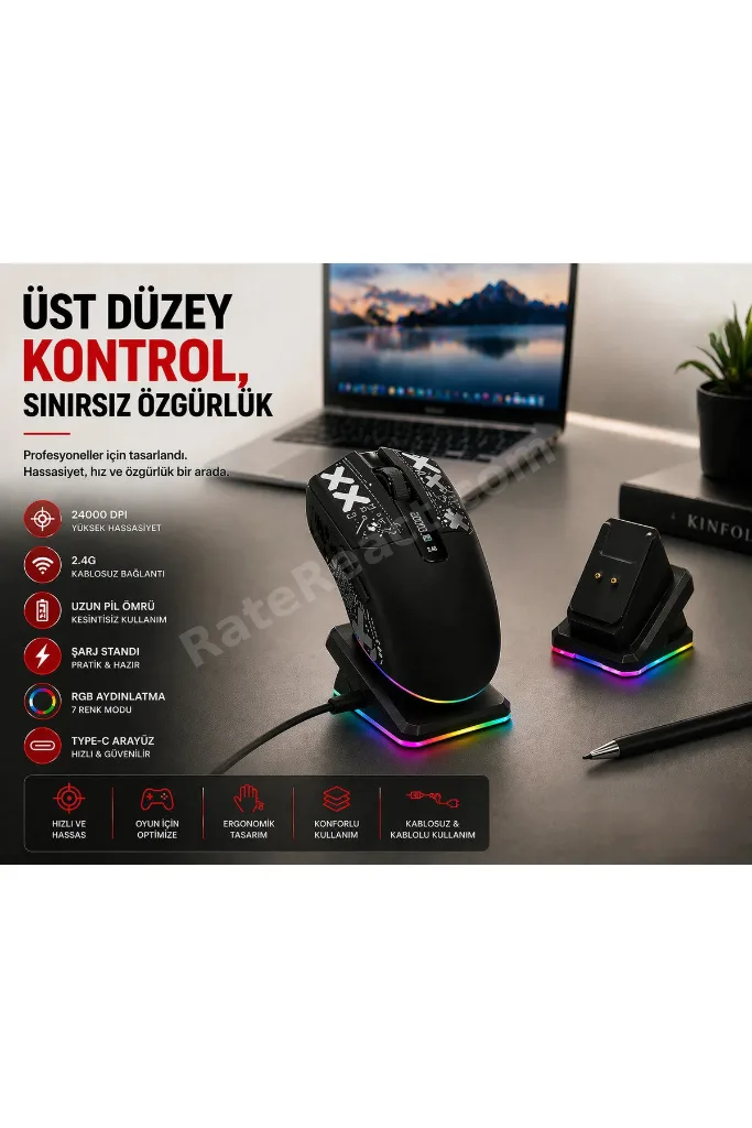 Kablosuz Gaming Mouse Bluetooth 2.4G Kablolu 3 Mod Bağlantılı 24000 DPI RGB Şarj İstasyonlu Oyuncu Mouse