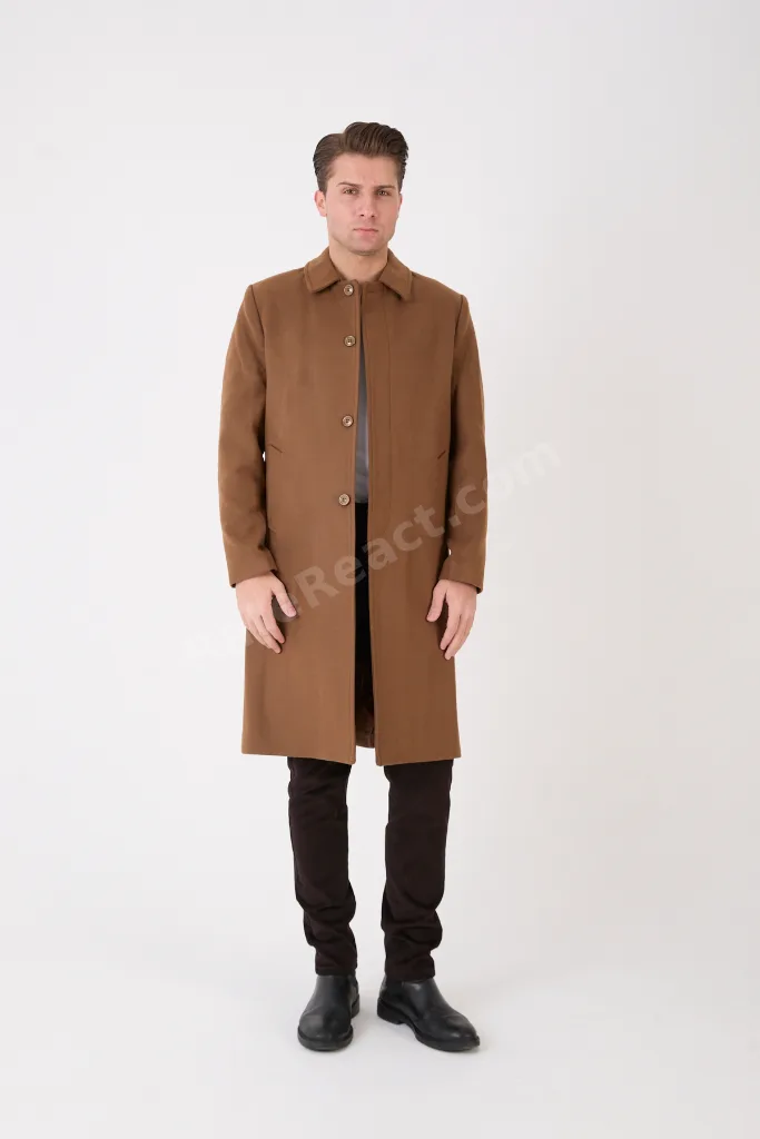 Erkek Siyah Uzun Regular Fit Kaşe Kaban