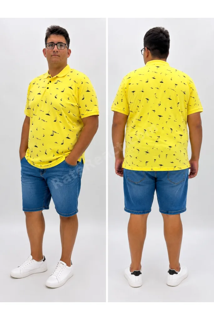 Büyük Beden Polo Yaka Düğmeli Yelken Figür Baskılı Erkek Tshirt