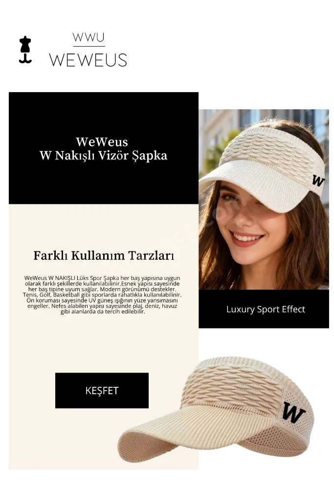 Kadın Bej W Nakışlı Uv Korumalı Tenis Golf Vizör Yazlık Şapka