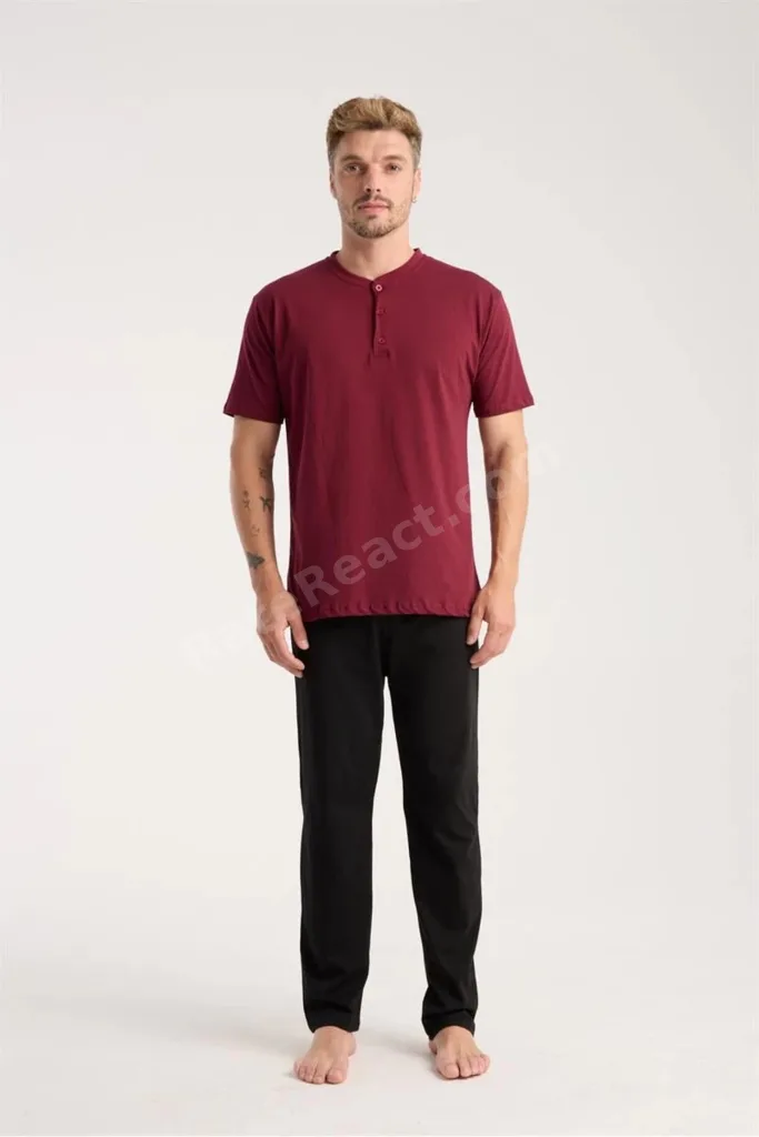 Erkek Bordo Düğmeli Yaka Kısa Kol Pijama Takımı MERY WOMAN