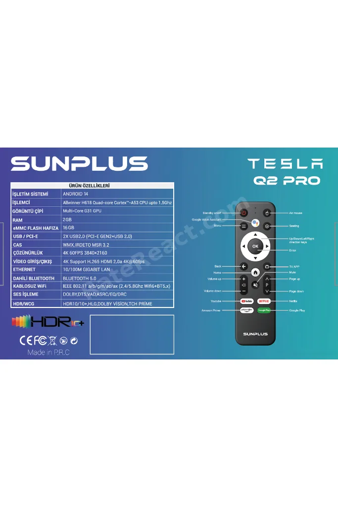 | Tesla Q2 Pro | 6K Android Tv Box | 2+16G | Ses Komutlu + Bluetooth Air Kumanda
