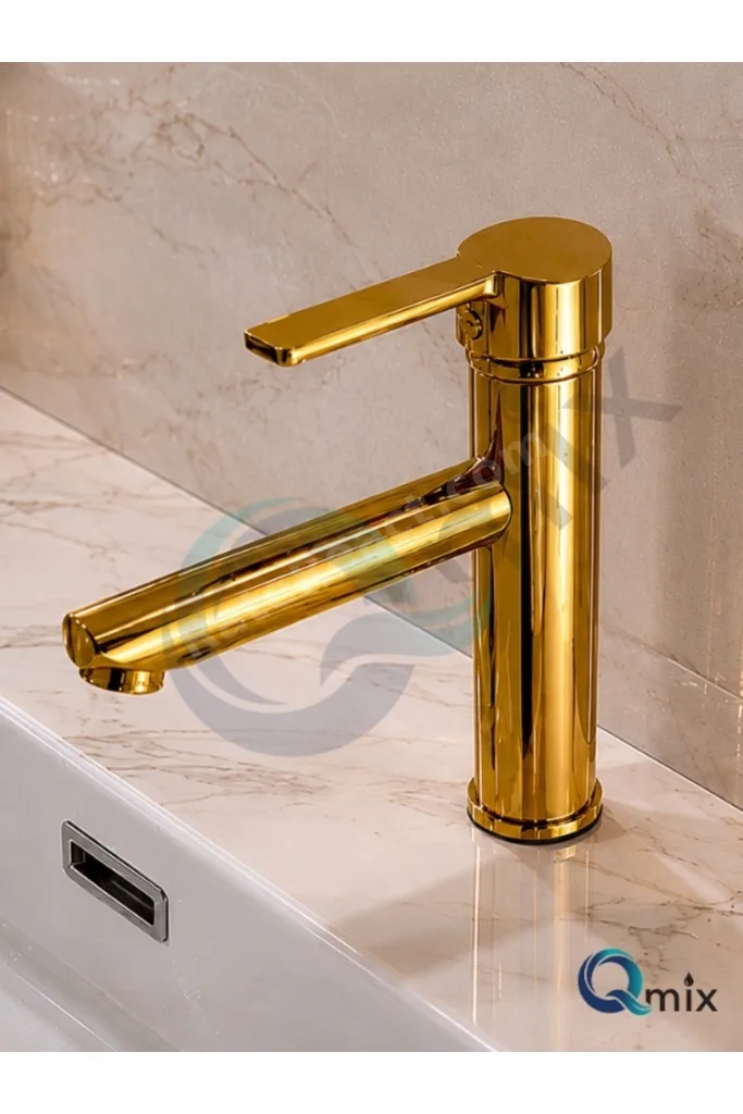 Lüks Parlak Gold Sabit Mix Aç Kapa Kısa Banyo Lavabo Bataryası – Komple Pirinç, Dayanıklı, Modern Tasarım