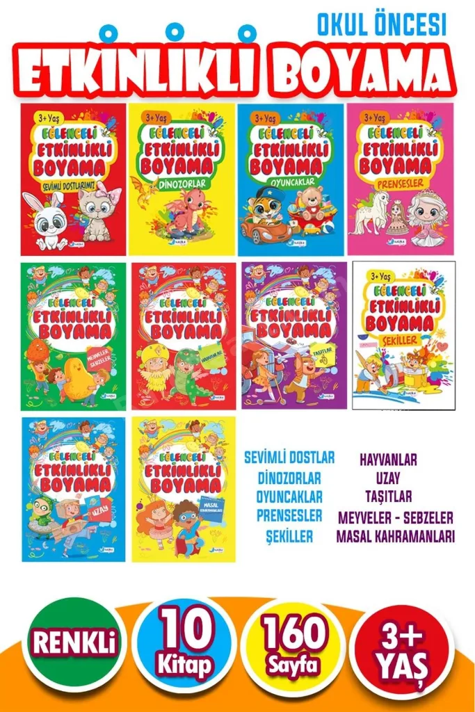 12 Adet Kuru Boya Hediyeli 10 Kitaplı Eğitici Ve Etkinlikli Boyama Seti