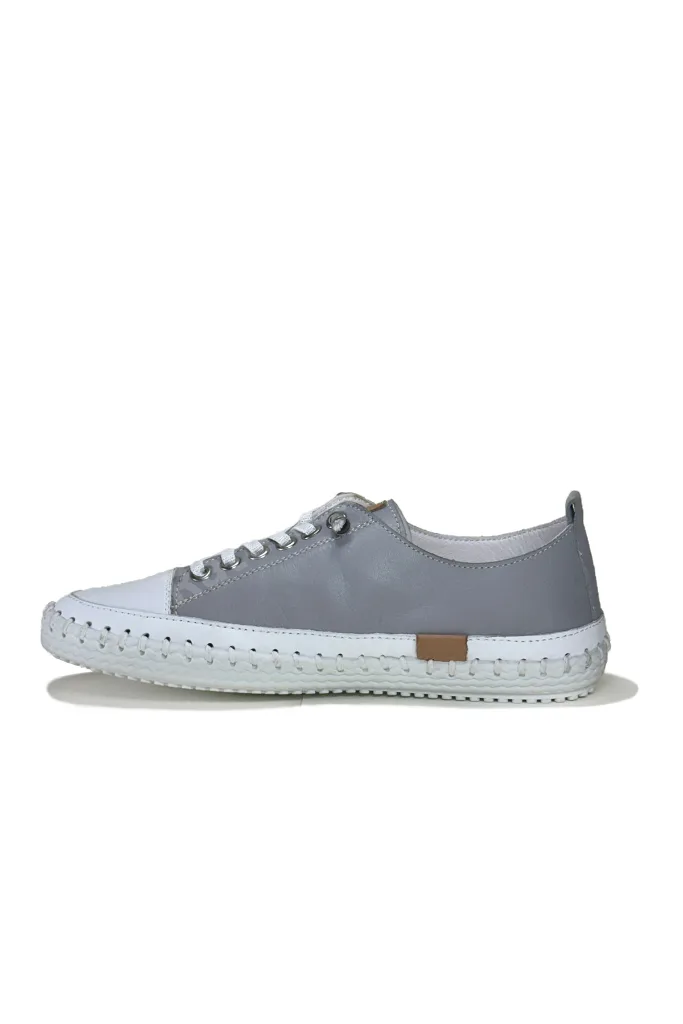 Kadın Hakiki Deri Gri Sneaker El Dikişli Günlük Spor Ayakkabı Bağcıklı Rahat Taban
