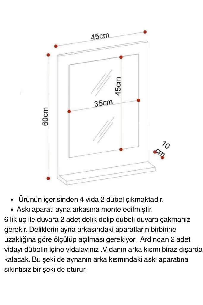 Raflı Banyo Aynası Beyaz , Lavabo, Wc , Dresuar , Koridor , Mutfak , Makyaj 60x45 Beyaz Dik Ayna