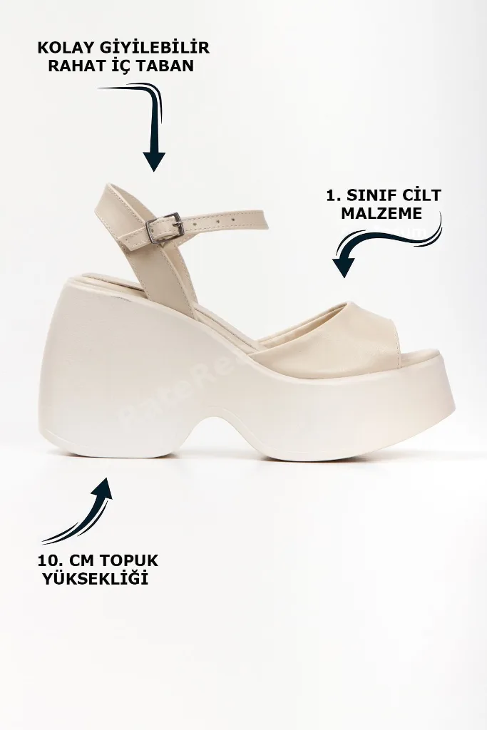 Krem Yüksek Taban Yandan Tokalı Tek Şeritli Önü Açık Cilt Yazlık Kadın Sandalet Ayakkabı