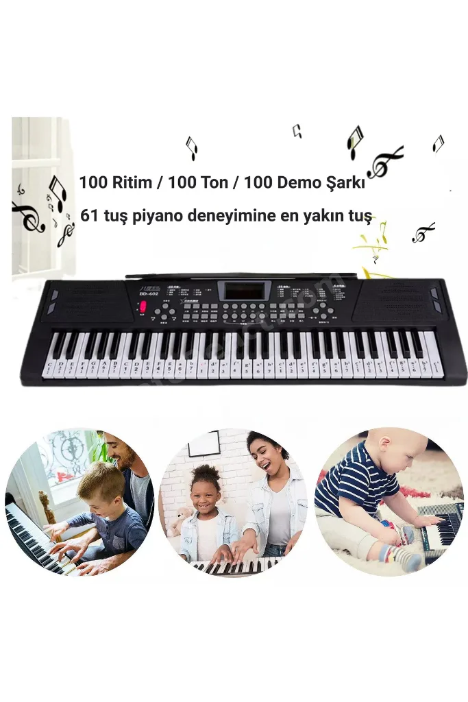 61 Tuşlu Elektronik Org Piyano Mikrofonlu Işıklı Adaptör Hediye Ritimli Demolu Keyboard