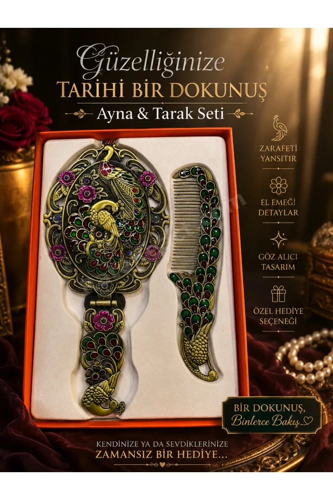 Vintage Tavus Kuşu Desenli Ayna & Tarak Seti – Dekoratif Hediyelik Kadın Bakım Seti