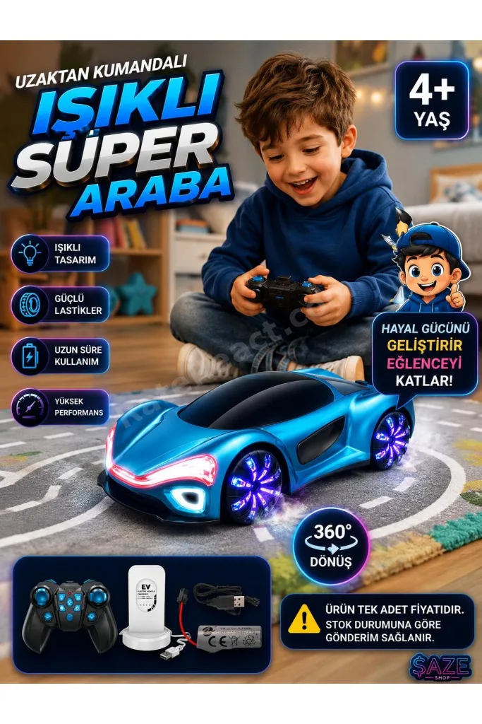 Uzaktan Kumandalı Işıklı Drift Araba Şarjlı RC Spor Araba 360° Dönen 4+ Yaş