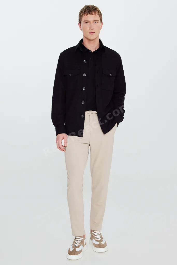 Erkek Bej Slim Fit Dar Kesim Beli Bağlamalı Yan Cepli Casual Jogger Pantolon