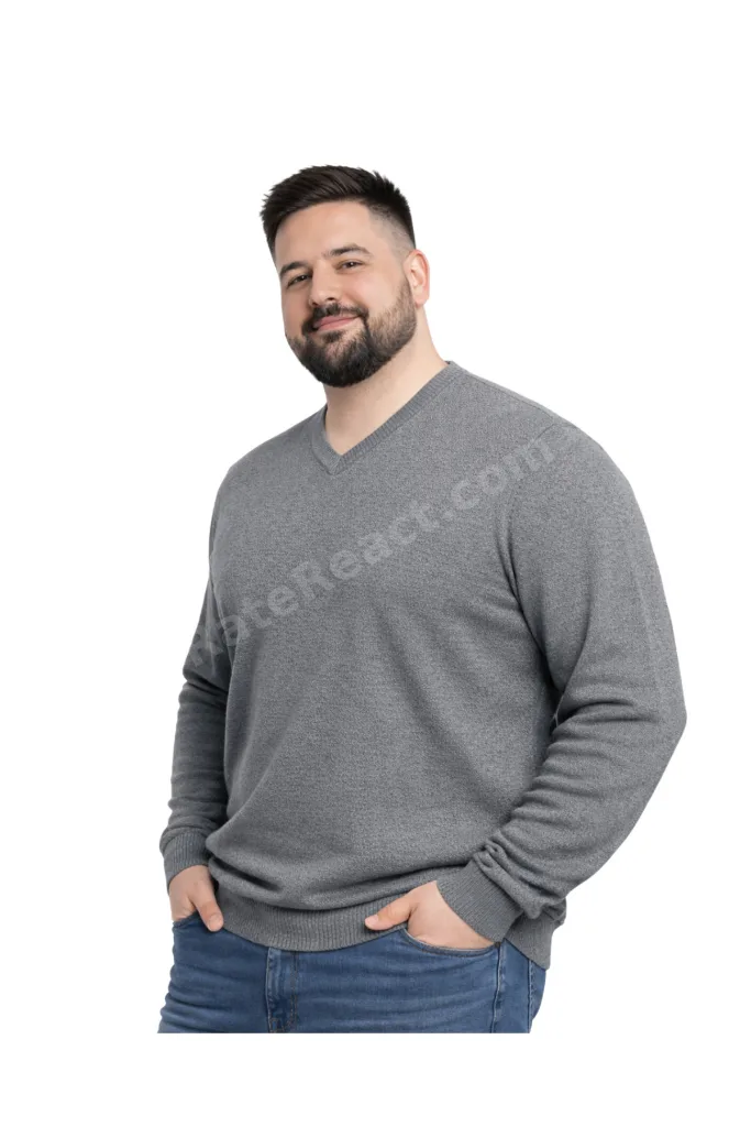 Erkek Büyük Beden Füme V Yaka Triko Kazak 3XL-4XL-5XL-6XL