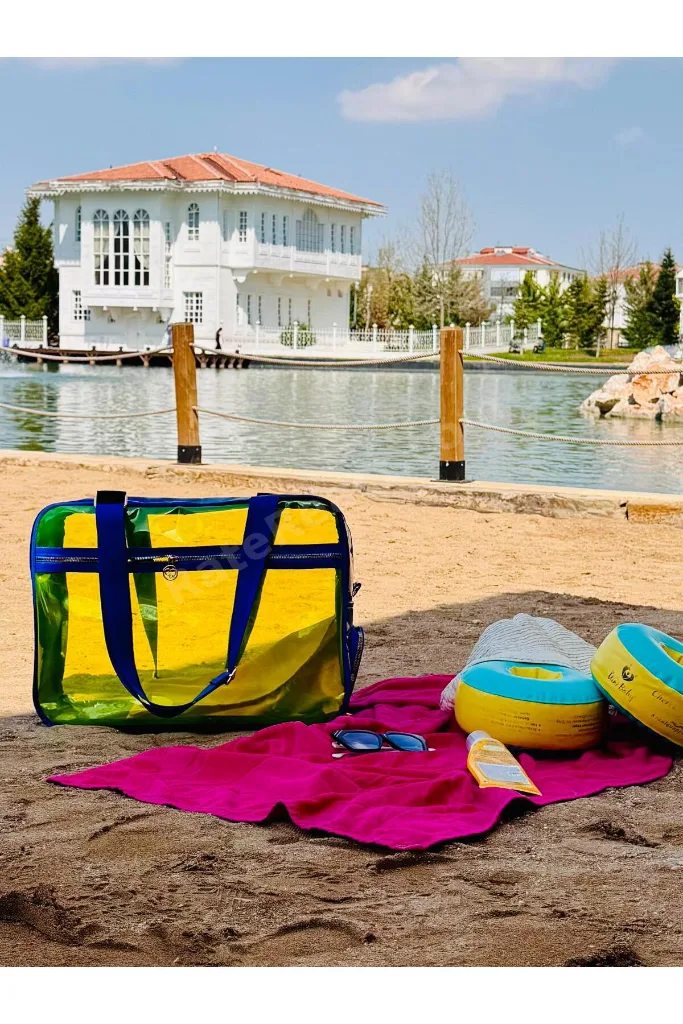 Neon Suni Deri & Renkli Şeffaf PVC Yıkanabilir Islak ve Kumlu Eşya Cebi Olan Plaj Çantası