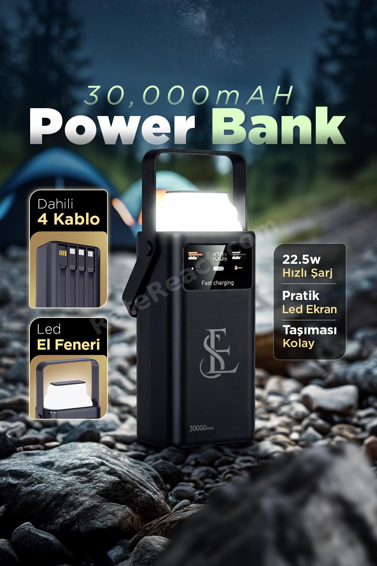 Hızlı Şarjlı Powerbank 30000mAh 22.5W Dahili Kablolu 2x USB Outdoor Taşınabilir
