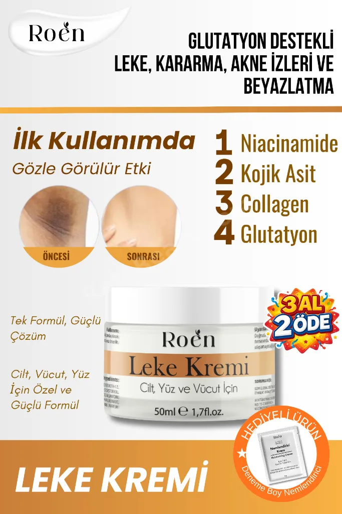 Cilt Beyazlatıcı, Leke Kremi, Kararma, Akne, Güneş Lekeleri, Glutatyonlu Beyazlatıcı Leke Krem 50ml