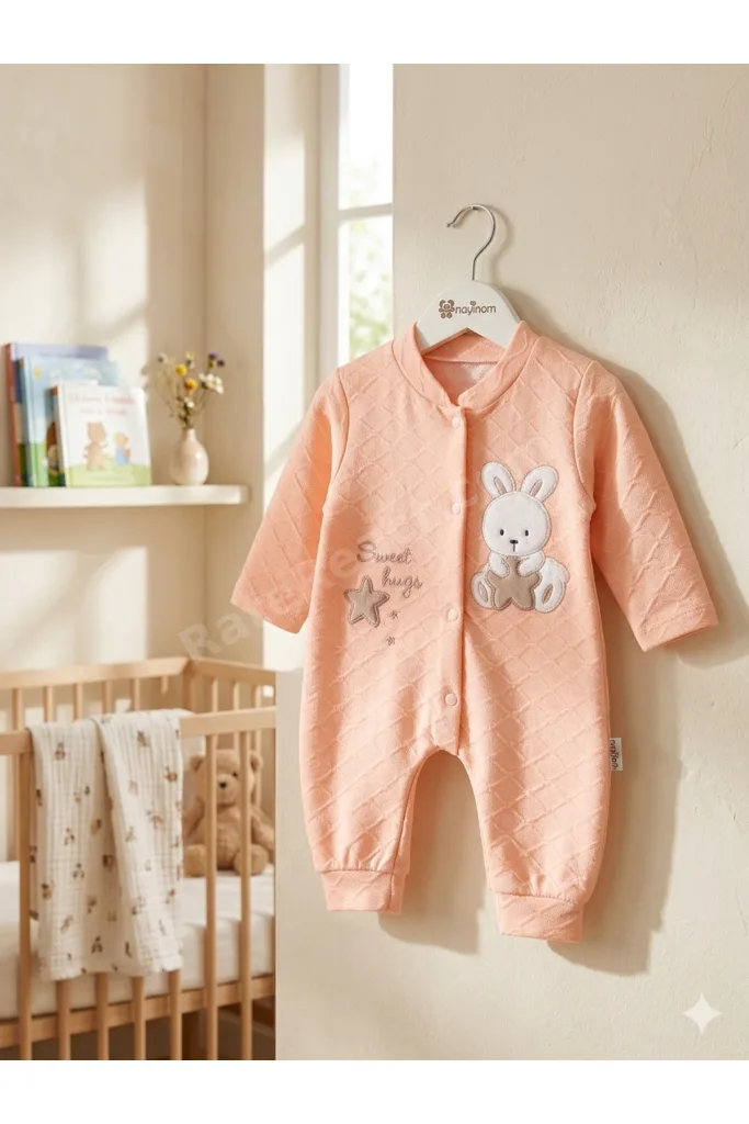 Unisex Bebek Jakarlı Ayıcık Nakışlı Pamuklu Tulum - 1-6 Ay Yenidoğan Manşetli Bebek Tulumu