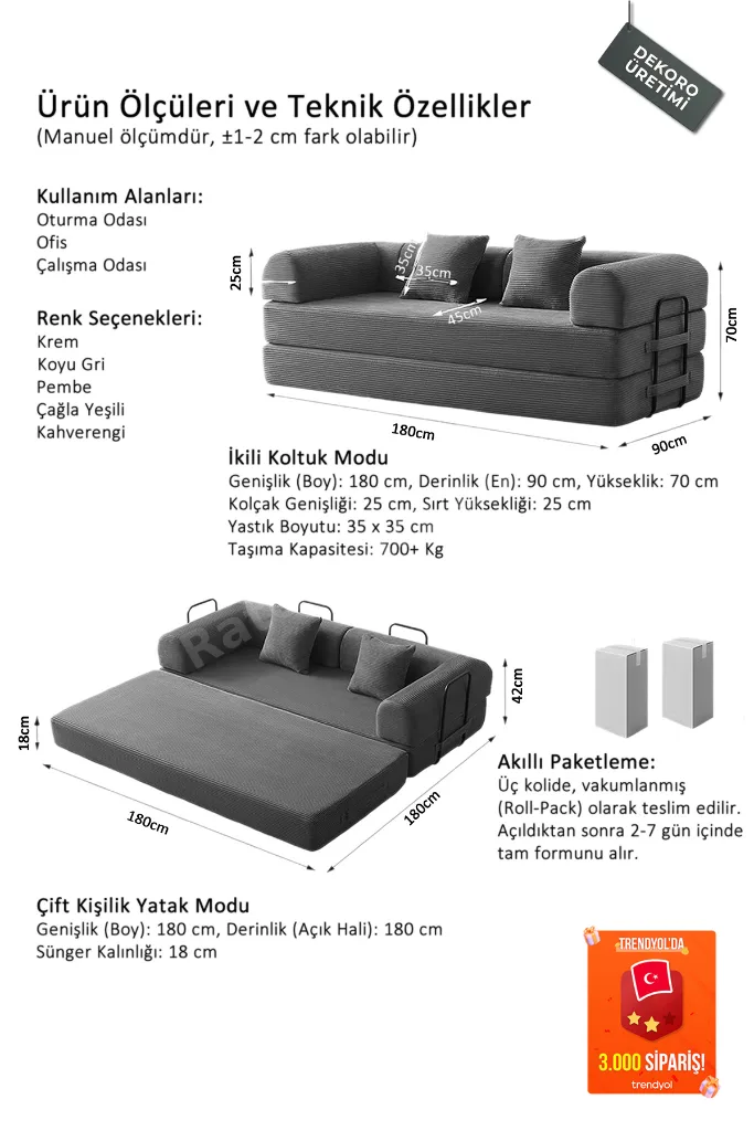Voxel 5in1 Akıllı Yataklı Kanepe, Fitilli Kadife, 50 DNS Bondex, Güçlendirilmiş Çelik İskelet