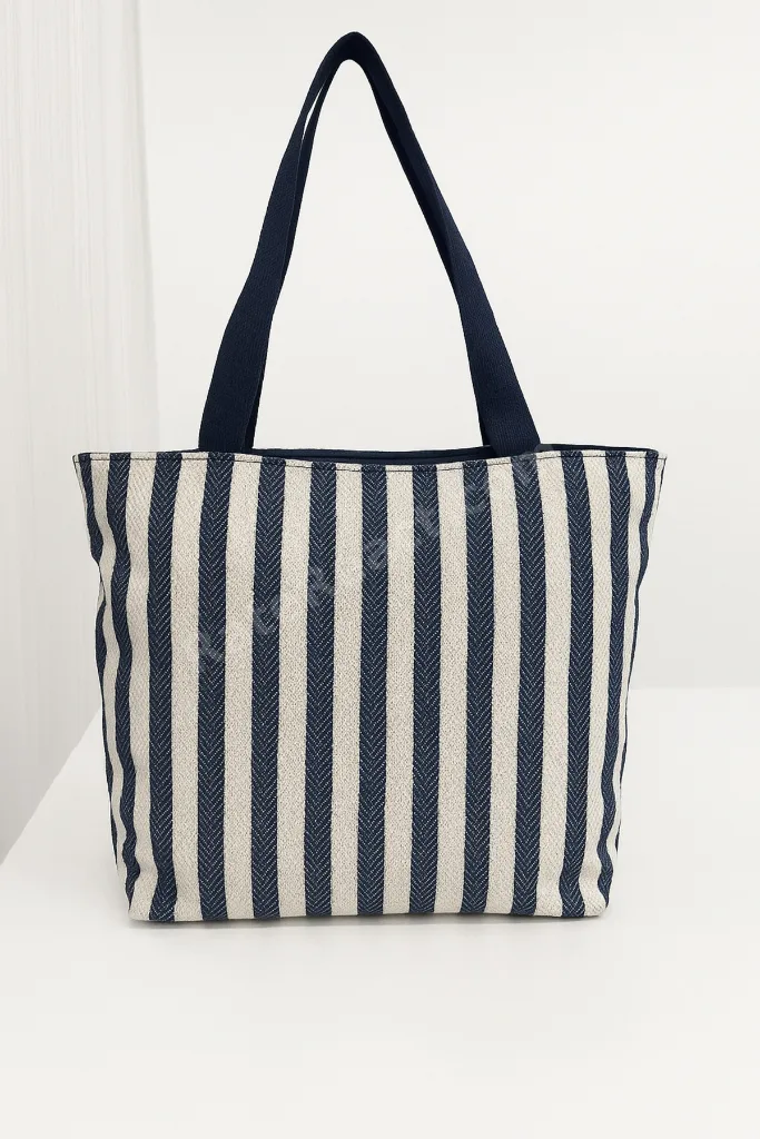 Kadın Lacivert Çizgili Plaj Çantası Büyük Boy Fermuarlı 52×40cm