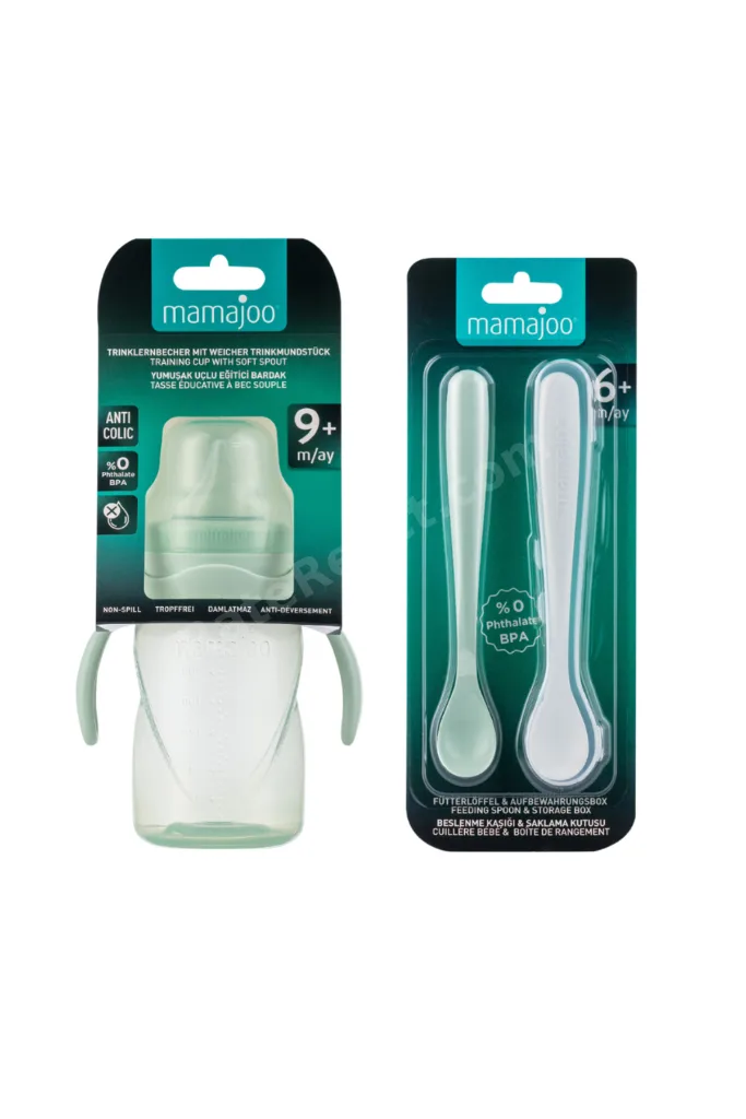 Antikolik Akıtmaz Alıştırma Bardağı 270 ml & İkili Ergonmik Beslenme Kaşığı - Powder Green
