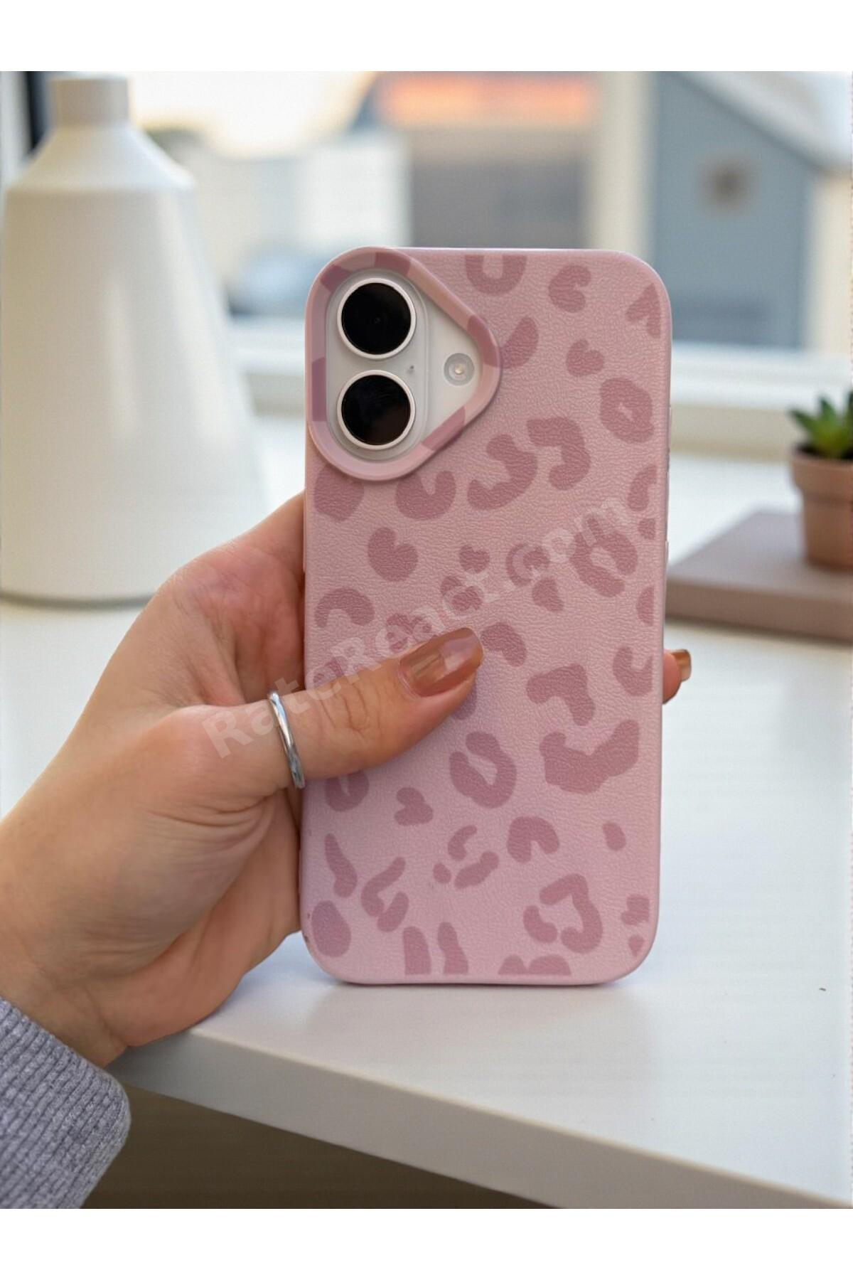 iPhone 16 Uyumlu Pembe Leopar Desenli İnce Yumuşak Silikon Kılıf