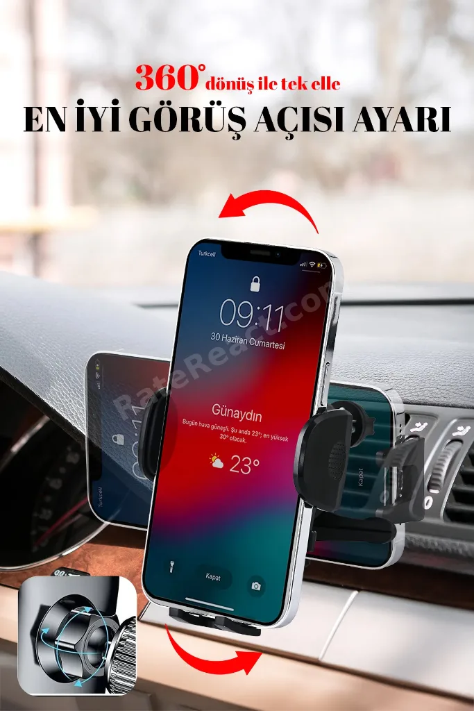 Araç İçi Telefon Tutacağı - Klipsli 360 Dönebilen Araç İçi Klima Izgara Uyumlu Telefon Tutucu