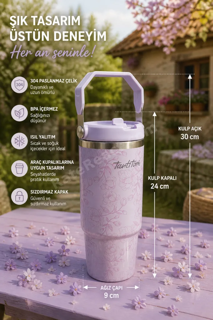 Lyla Lady Monre 900 ML Pipetli Termos Bardak Paslanmaz Çelik & Kulplu -Zerafet