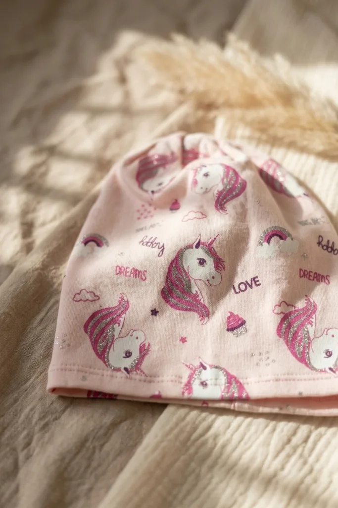 Kız Çocuk Pembe Unicorn Desenli Pamuklu Esnek Penye Bere - Gümüş Sim Detaylı Mevsimlik Çocuk Şapkası