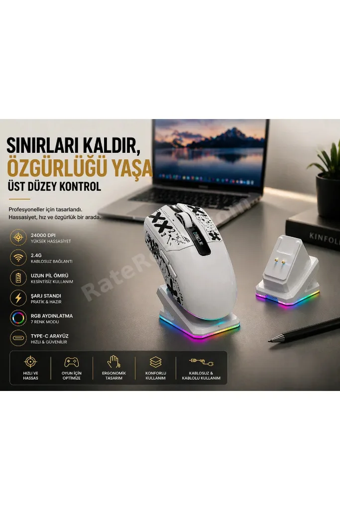 Kablosuz Gaming Mouse Bluetooth 2.4G Kablolu 3 Mod Bağlantılı 24000 DPI RGB Şarj İstasyonlu Oyuncu Mouse