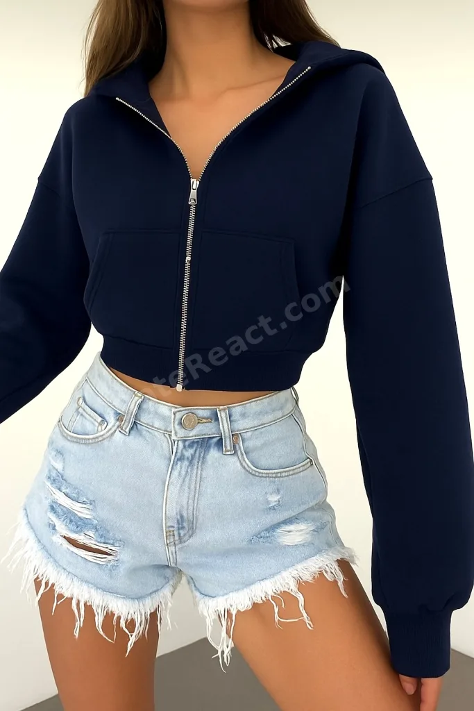 Lacivert Kapşonlu Fermuarlı Crop Sweatshirt Hırka