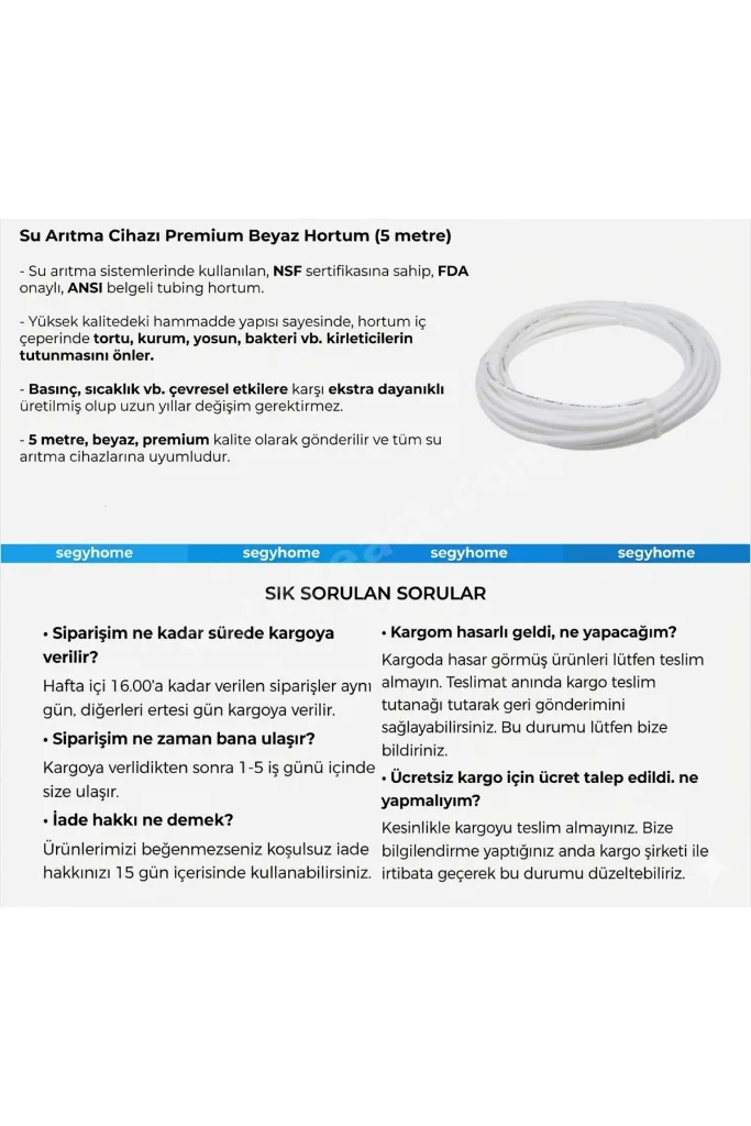 Su Arıtma Cihazı Hortumu Beyaz 6 mm 1/4 inç Tüm Arıtma Cihazlarına Uyumlu (5 Metre)