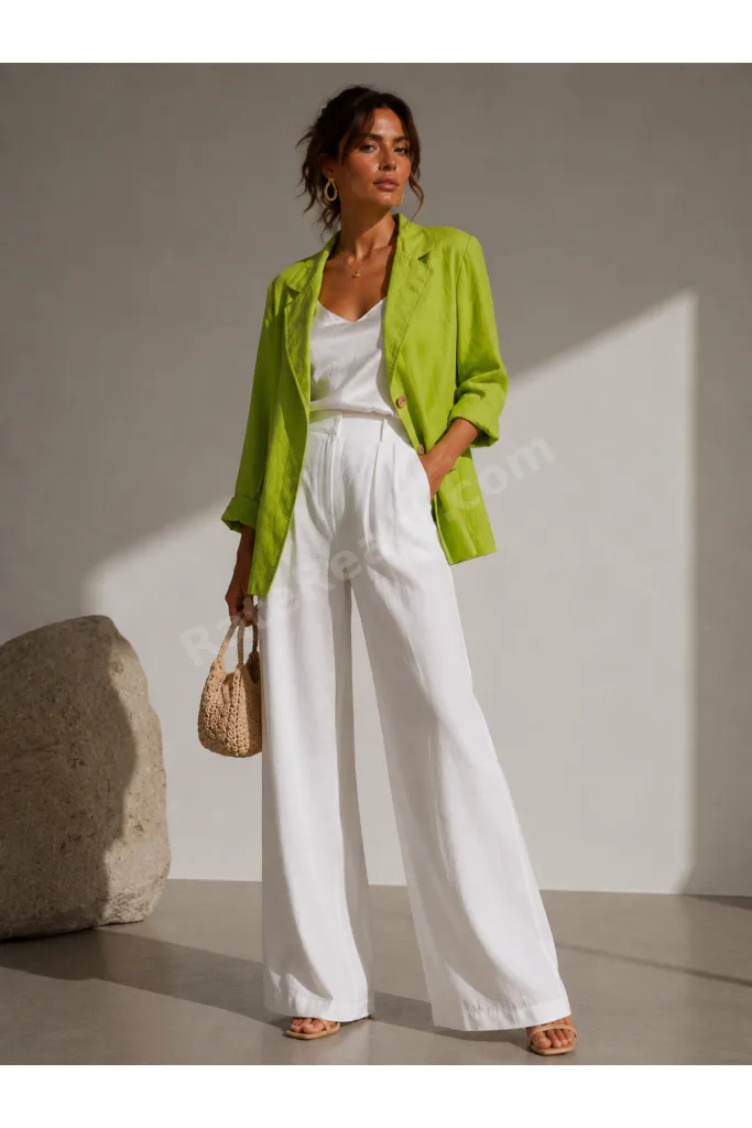 Fıstık Yeşili Keten Görünümlü Blazer Ceket – Oversize Yazlık Şık Ceket