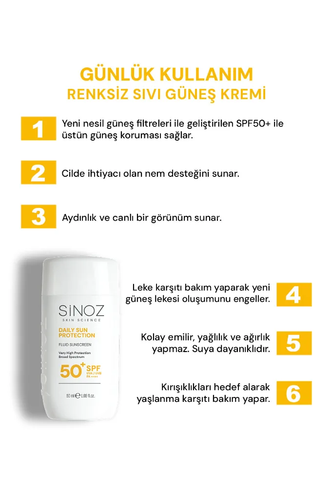 SPF50+ Günlük Kullanım Sıvı Yüz Güneş Kremi-Yeni Nesil Güneş Filtreleri-Hibrit Formül-PA++++ 50ml