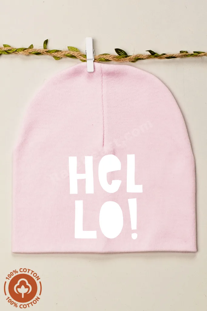 Unisex Bebek Hello Baskılı Penye Organik Pamuklu Yenidoğan 2Li Bebek Bere Renkli Set