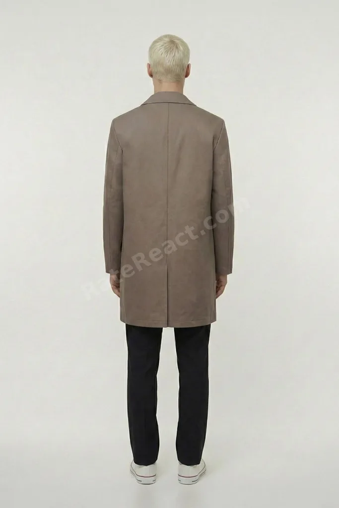 Erkek Kahve Geniş Kesim Oversize Fit Pamuklu Dokuma Yan Cepli Orta Boy Ceket Yaka Trençkot