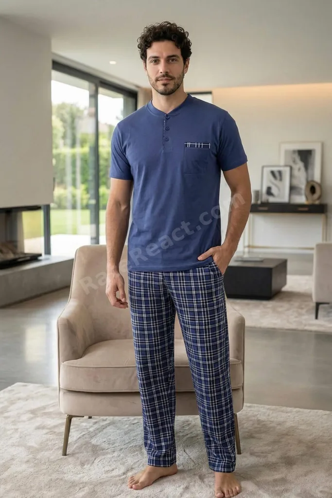 Indigo Blue Kısa Kollu Cep Detaylı Elegant Erkek Pijama Takımı