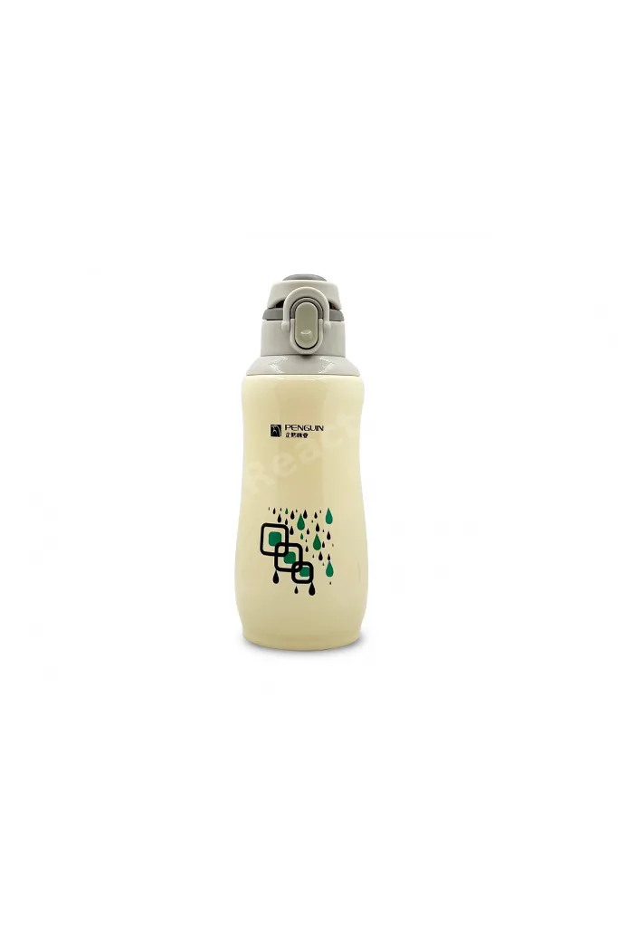 Penguen Kilitli Paslanmaz Çelik Bebek Termosu 600 Ml - Krem