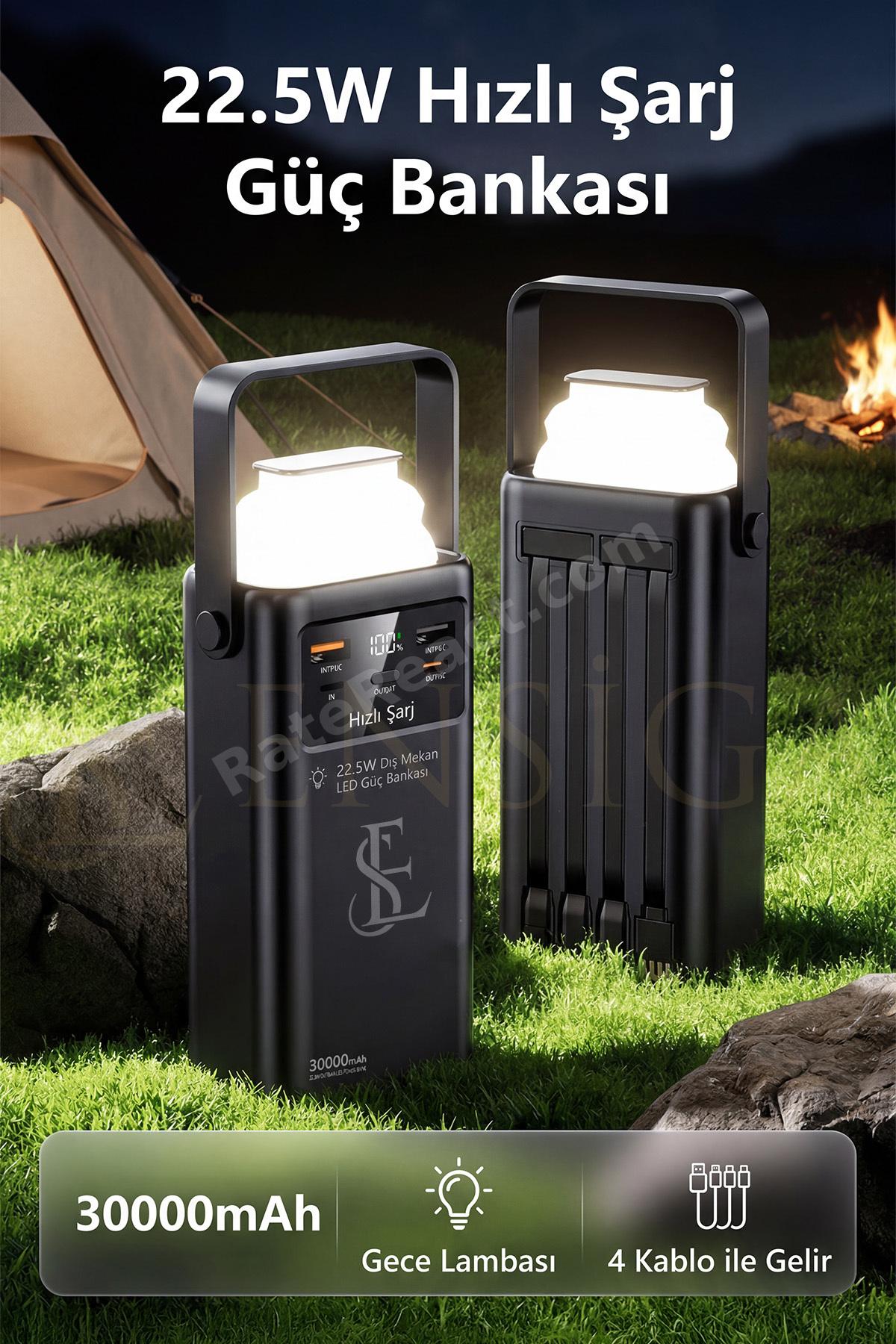 Hızlı Şarjlı Powerbank 30000mAh 22.5W Dahili Kablolu 2x USB Outdoor Taşınabilir