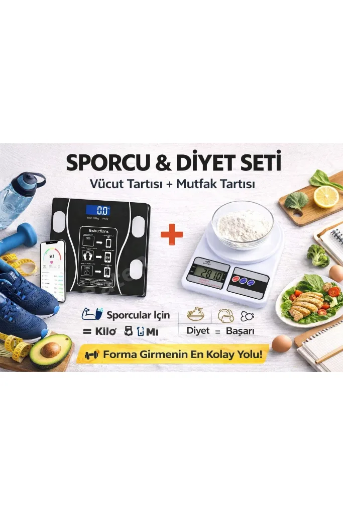 Spor Diyet 2 Li Set Akıllı Dijital Vücut Tartısı+Hassas Mutfak Tartısı Seti LCD Ekran 180 Kg / 10 Kg
