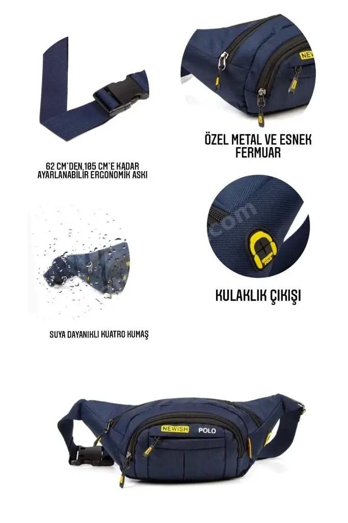 Newish Polo Su Geçirmez Kulaklık Usb Çıkışlı Unisex Lacivert Çapraz Askılı Bel Omuz Ve Spor Çanta