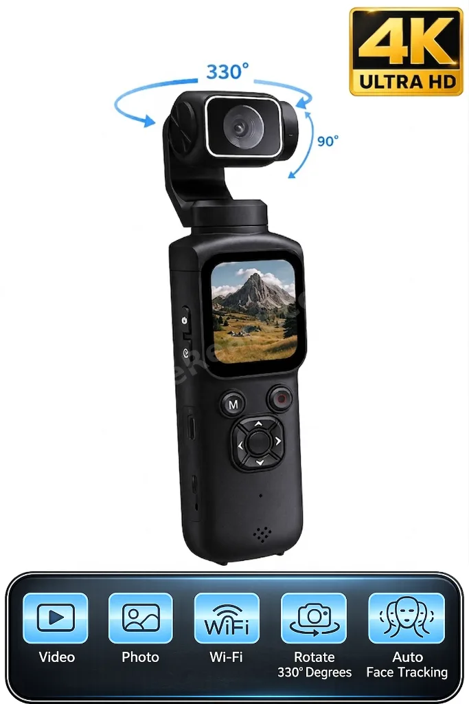4K Pocket Camera Gimbal Kamera | WiFi Destekli 330° Döner Lensli Akıllı El Kamerası | Yüz Takip Özellikli Mini Vlog Kamerası