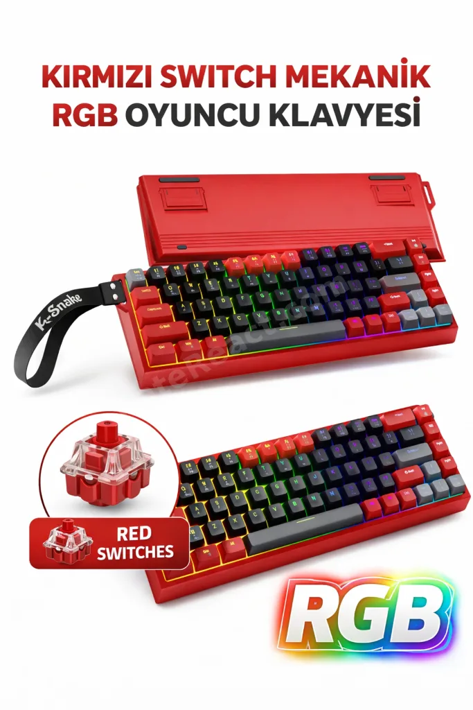 68 Tuş Red Switch RGB Mekanik Oyuncu Klavyesi – Hot Swapple, Renkli Aydınlatma Gaming Keyboard