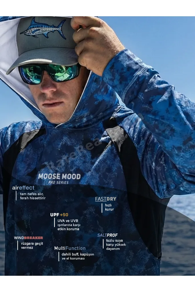 Ocean - Pro Series Kapüşonlu, Uzun Kollu Balıkçı Yelkenci UV Korumalı Tişört