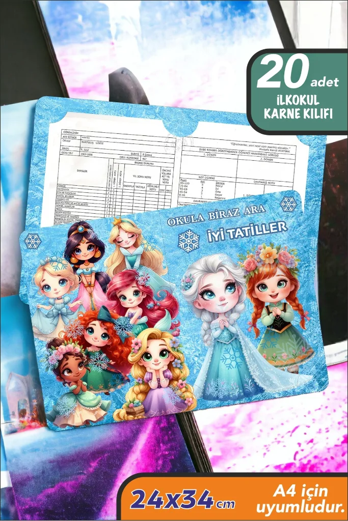 20 Adet Prenses Temalı A4 Ilkokul Karne Kılıfı Kabı Karne Süsleme 24x34